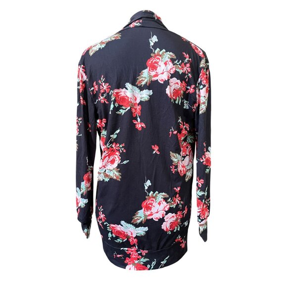 black floral draped lightweight long sleeve open cardigan small rose print - Picture 3 of 6